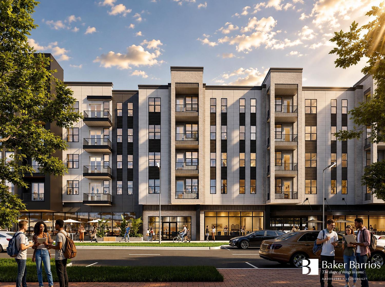Street-level view of the residences above ground-floor retail