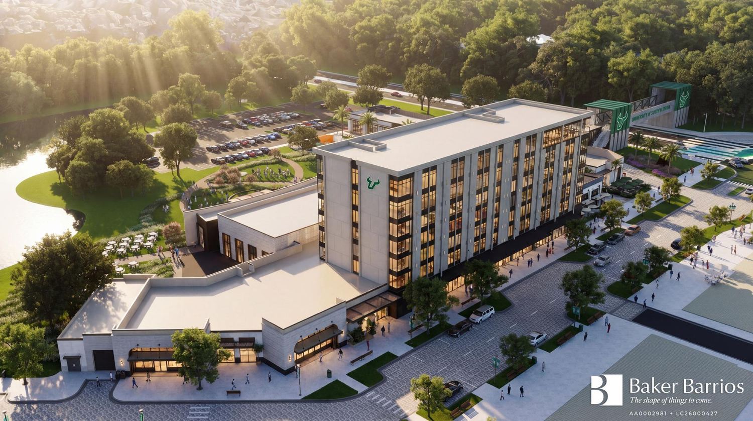 Aerial view of the residential building and courtyard amenity