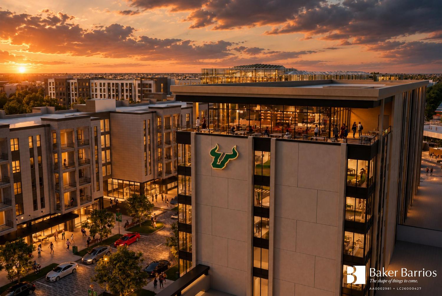 The district at dusk with the illuminated USF bull