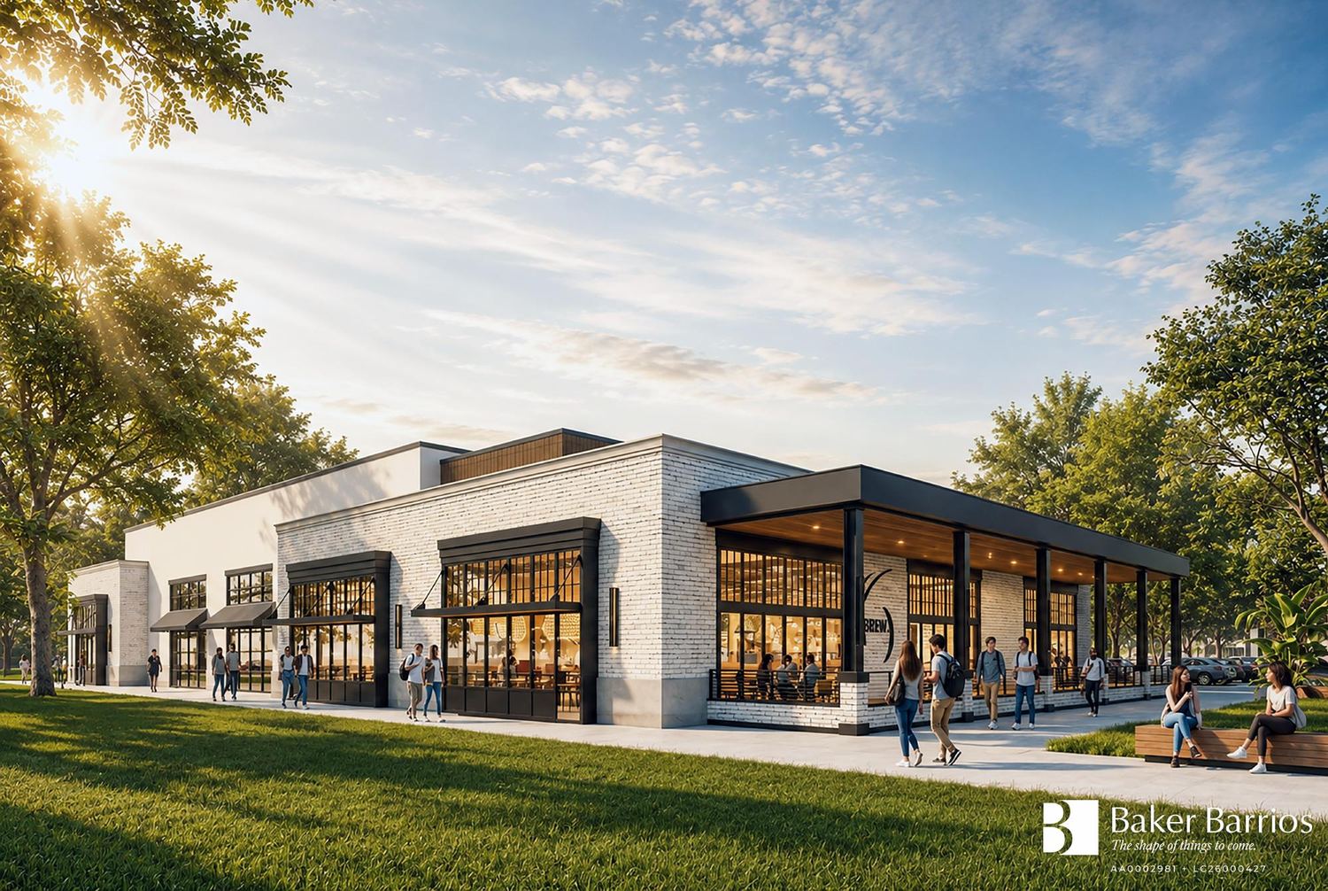 Glass-fronted retail building framed by trees