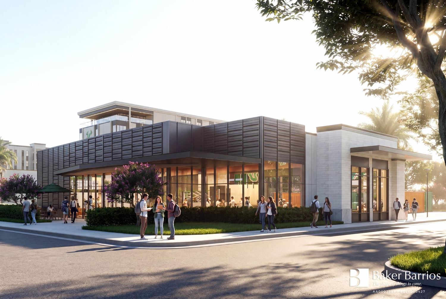 Modern retail pavilion on a landscaped corner