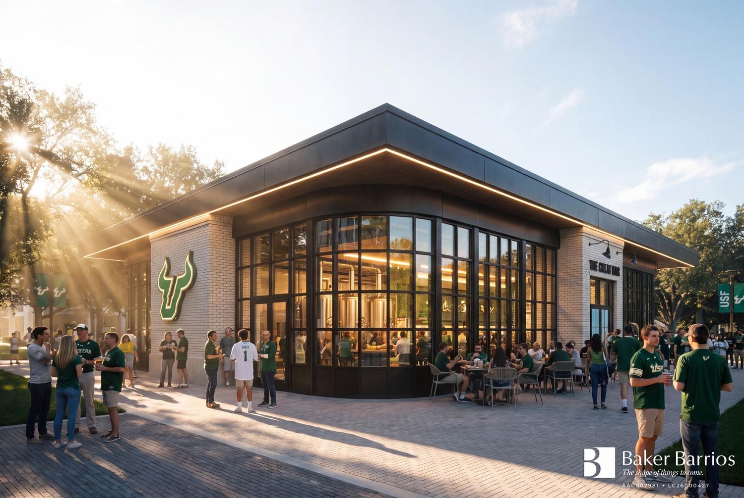 Game-day gathering at an outdoor dining pavilion